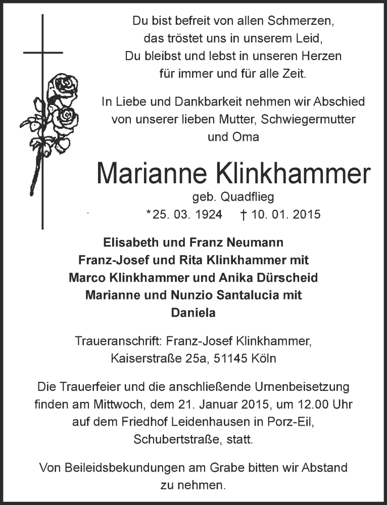  Traueranzeige für Marianne Klinkhammer vom 17.01.2015 aus 