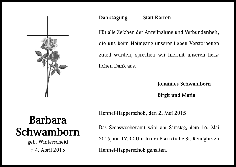  Traueranzeige für Barbara Schwamborn vom 02.05.2015 aus Kölner Stadt-Anzeiger / Kölnische Rundschau / Express