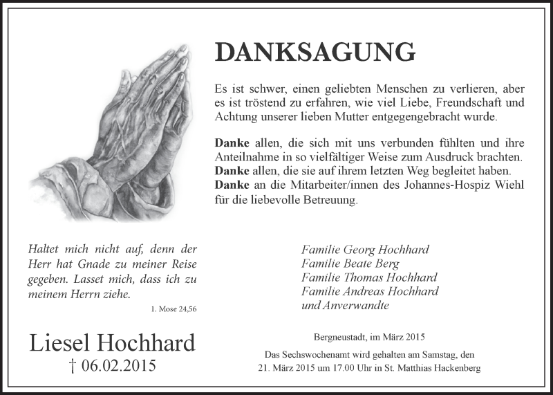  Traueranzeige für Liesel Hochhard vom 18.03.2015 aus  Anzeigen Echo 