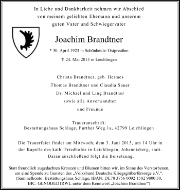 Anzeige von Joachim Brandtner von Kölner Stadt-Anzeiger / Kölnische Rundschau / Express