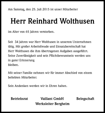 Anzeige von Reinhard Wolthusen von Kölner Stadt-Anzeiger / Kölnische Rundschau / Express