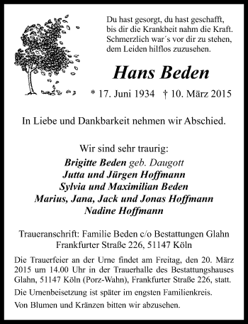 Anzeige von Hans Beden von  Kölner Wochenspiegel 