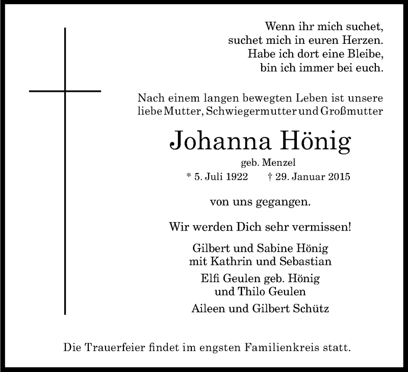  Traueranzeige für Johanna Hönig vom 02.02.2015 aus Kölner Stadt-Anzeiger / Kölnische Rundschau / Express