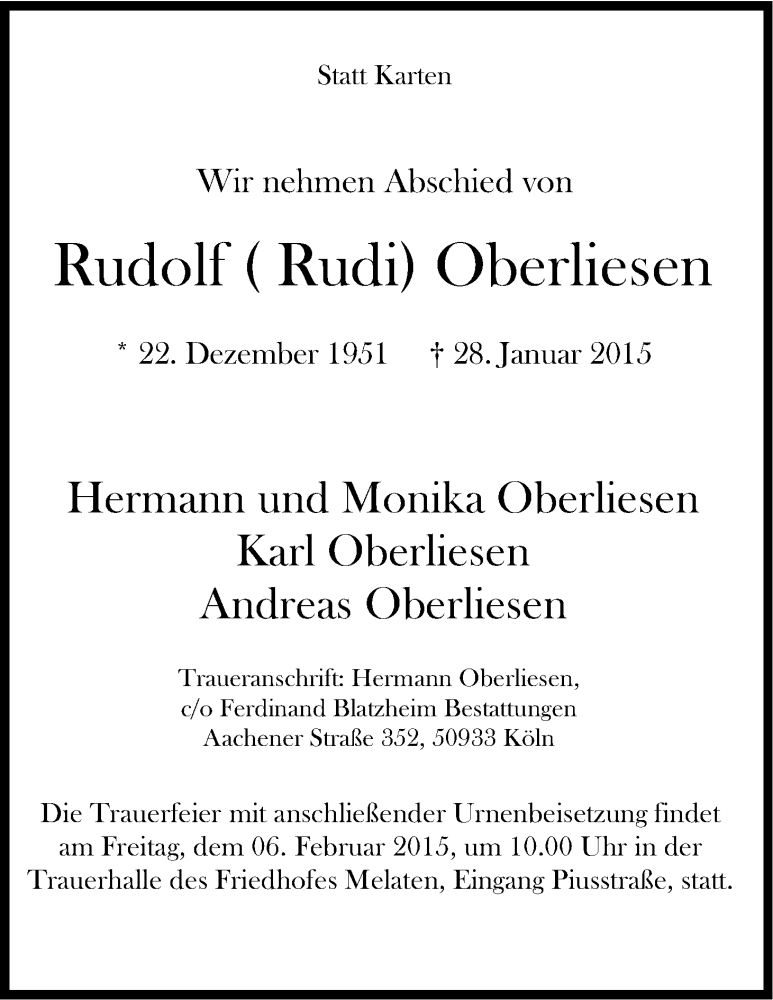 Traueranzeige für Rudolf Oberliesen vom 31.01.2015 aus Kölner Stadt-Anzeiger / Kölnische Rundschau / Express
