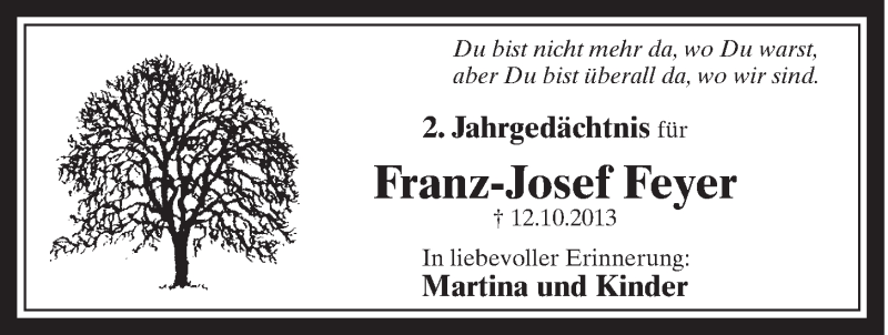  Traueranzeige für Franz-Josef Feyer vom 14.10.2015 aus  Schaufenster/Blickpunkt 