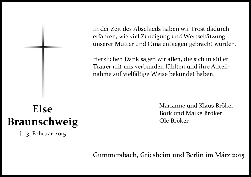  Traueranzeige für Else Braunschweig vom 21.03.2015 aus Kölner Stadt-Anzeiger / Kölnische Rundschau / Express