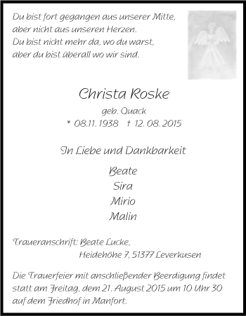 Anzeige von Christa Roske von Kölner Stadt-Anzeiger / Kölnische Rundschau / Express