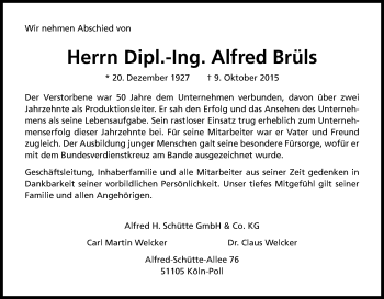 Anzeige von Alfred Brüls von Kölner Stadt-Anzeiger / Kölnische Rundschau / Express