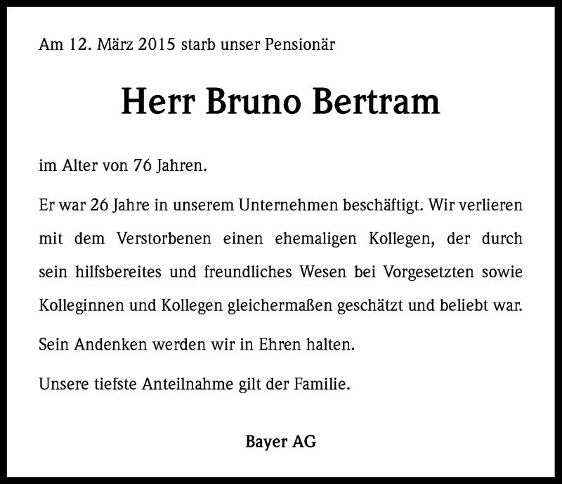  Traueranzeige für Bruno Bertram vom 27.03.2015 aus Kölner Stadt-Anzeiger / Kölnische Rundschau / Express