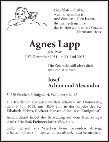 Anzeige von Agnes Lapp von  Sonntags-Post 