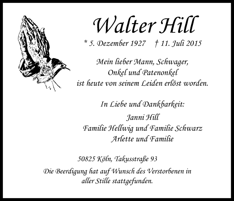  Traueranzeige für Walter Hill vom 18.07.2015 aus Kölner Stadt-Anzeiger / Kölnische Rundschau / Express