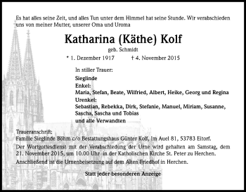 Anzeige von Katharina Käthe Kolf von Köln - Wir Trauern