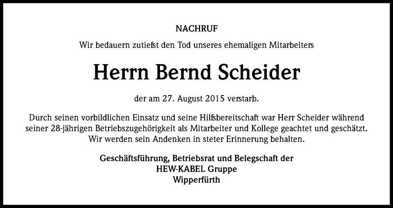  Traueranzeige für Bernd Scheider vom 12.09.2015 aus Kölner Stadt-Anzeiger / Kölnische Rundschau / Express