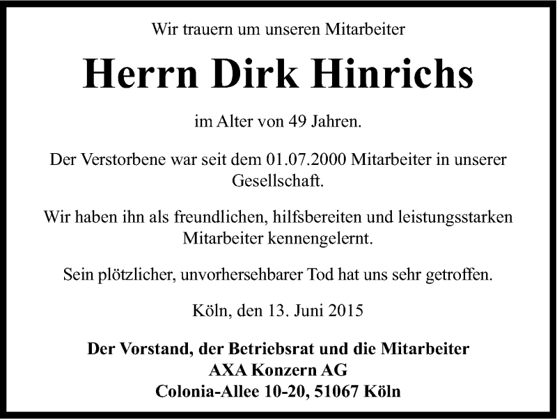  Traueranzeige für Dirk Hinrichs vom 13.06.2015 aus Kölner Stadt-Anzeiger / Kölnische Rundschau / Express