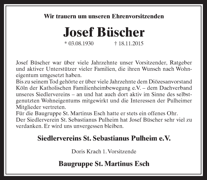  Traueranzeige für Josef Büscher vom 25.11.2015 aus  Wochenende 