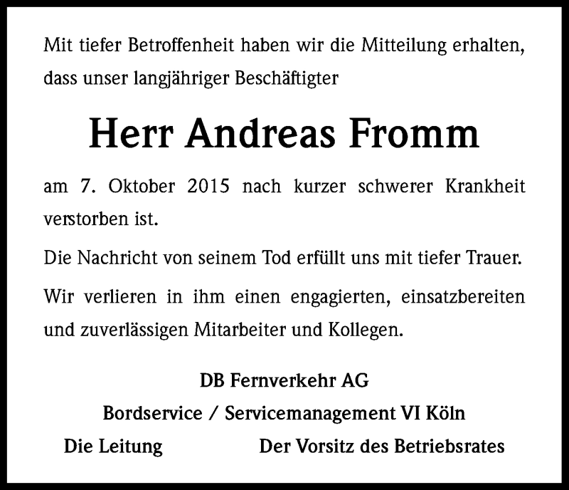  Traueranzeige für Andreas Fromm vom 24.10.2015 aus Kölner Stadt-Anzeiger / Kölnische Rundschau / Express