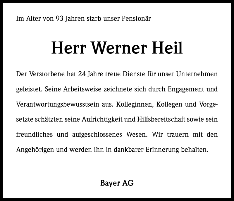  Traueranzeige für Werner Heil vom 25.02.2015 aus Kölner Stadt-Anzeiger / Kölnische Rundschau / Express