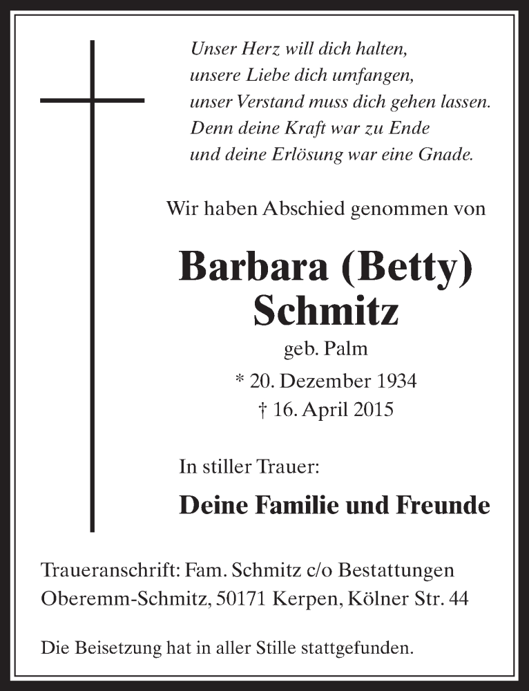  Traueranzeige für Barbara Schmitz vom 06.05.2015 aus  Werbepost 