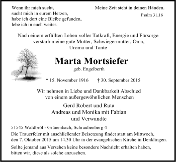 Anzeige von Marta Mortsiefer von Kölner Stadt-Anzeiger / Kölnische Rundschau / Express