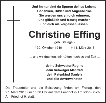 Anzeige von Christine Effing von  Kölner Wochenspiegel 