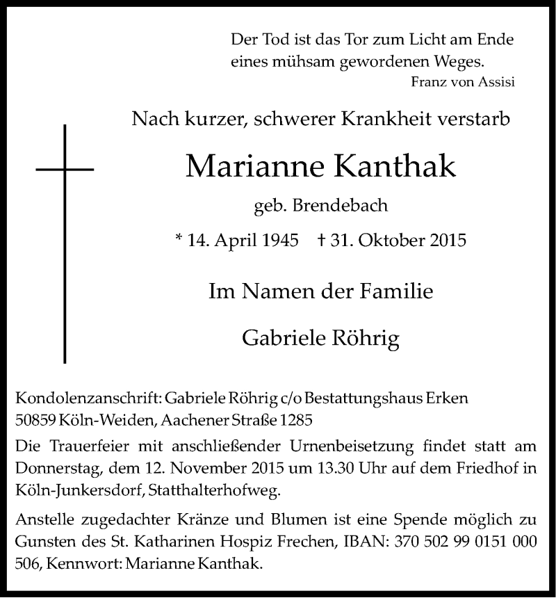  Traueranzeige für Marianne Kanthak vom 07.11.2015 aus Kölner Stadt-Anzeiger / Kölnische Rundschau / Express