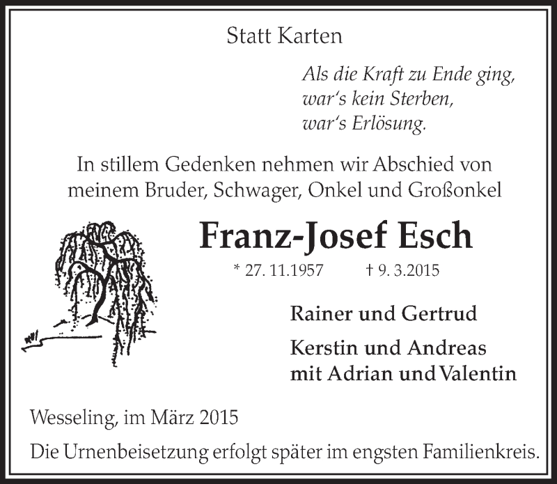  Traueranzeige für Franz-Josef Esch vom 18.03.2015 aus  Schlossbote/Werbekurier 