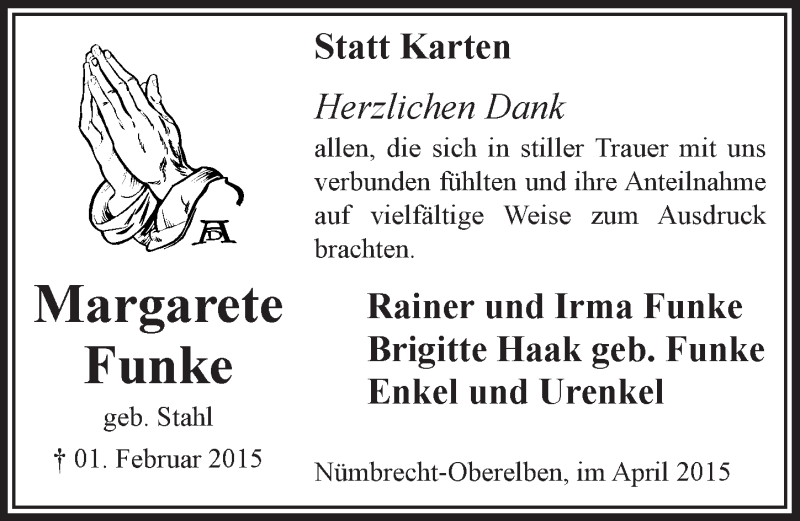  Traueranzeige für Margarete Funke vom 08.04.2015 aus  Lokalanzeiger 
