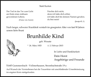 Anzeige von Brunhilde Kind von Kölner Stadt-Anzeiger / Kölnische Rundschau / Express