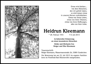 Anzeige von Heidrun Kleemann von Köln - Wir Trauern