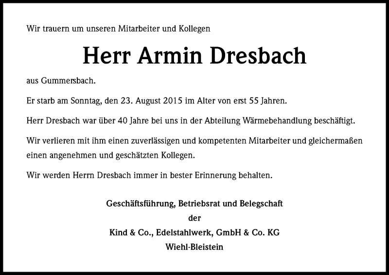  Traueranzeige für Armin Dresbach vom 28.08.2015 aus Kölner Stadt-Anzeiger / Kölnische Rundschau / Express