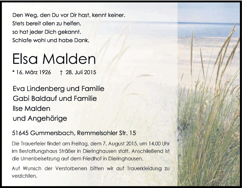  Traueranzeige für Elsa Malden vom 01.08.2015 aus Kölner Stadt-Anzeiger / Kölnische Rundschau / Express
