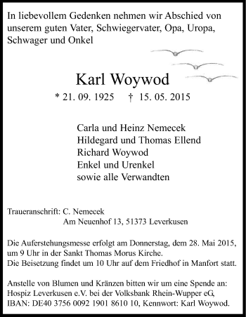Anzeige von Karl Woywod von Kölner Stadt-Anzeiger / Kölnische Rundschau / Express