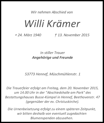 Anzeige von Willi Krämer von Kölner Stadt-Anzeiger / Kölnische Rundschau / Express
