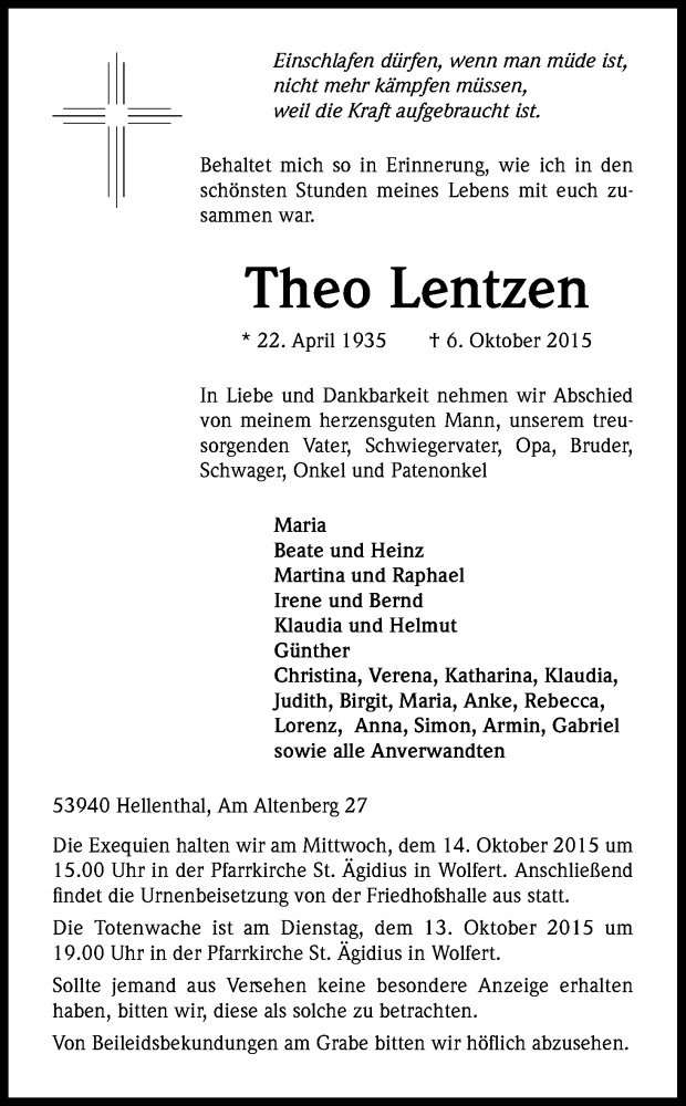  Traueranzeige für Theo Lentzen vom 10.10.2015 aus Kölner Stadt-Anzeiger / Kölnische Rundschau / Express