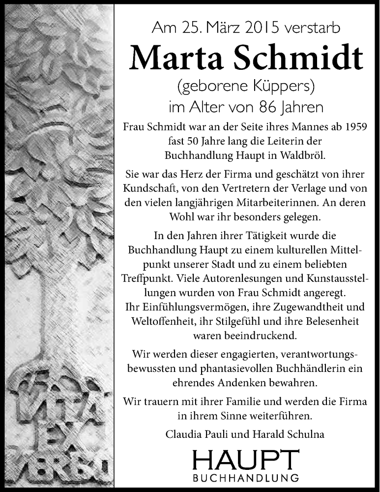  Traueranzeige für Marta Schmidt vom 02.04.2015 aus Kölner Stadt-Anzeiger / Kölnische Rundschau / Express