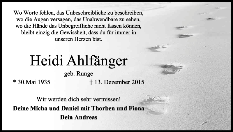  Traueranzeige für Heidi Ahlfänger vom 16.12.2015 aus Kölner Stadt-Anzeiger / Kölnische Rundschau / Express