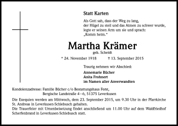 Anzeige von Martha Krämer von Kölner Stadt-Anzeiger / Kölnische Rundschau / Express
