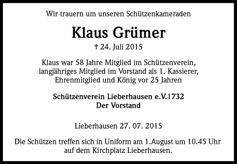  Traueranzeige für Klaus Grümer vom 29.07.2015 aus Kölner Stadt-Anzeiger / Kölnische Rundschau / Express