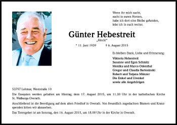 Anzeige von Günter Hebestreit von Kölner Stadt-Anzeiger / Kölnische Rundschau / Express