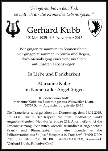 Anzeige von Gerhard Kubb von Köln - Wir Trauern