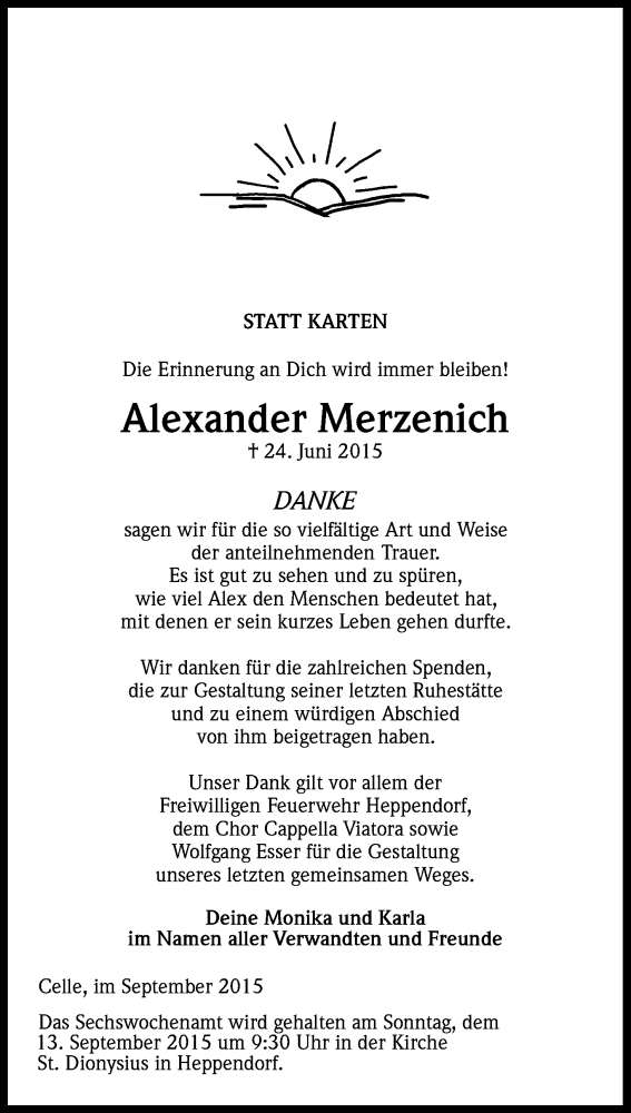  Traueranzeige für Alexander Merzenich vom 05.09.2015 aus Kölner Stadt-Anzeiger / Kölnische Rundschau / Express