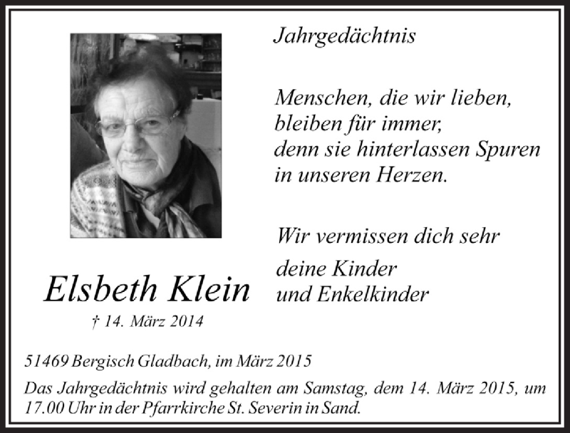  Traueranzeige für Elsbeth Klein vom 18.07.2023 aus  Bergisches Handelsblatt 