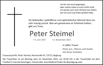 Anzeige von Peter Steimel von Kölner Stadt-Anzeiger / Kölnische Rundschau / Express