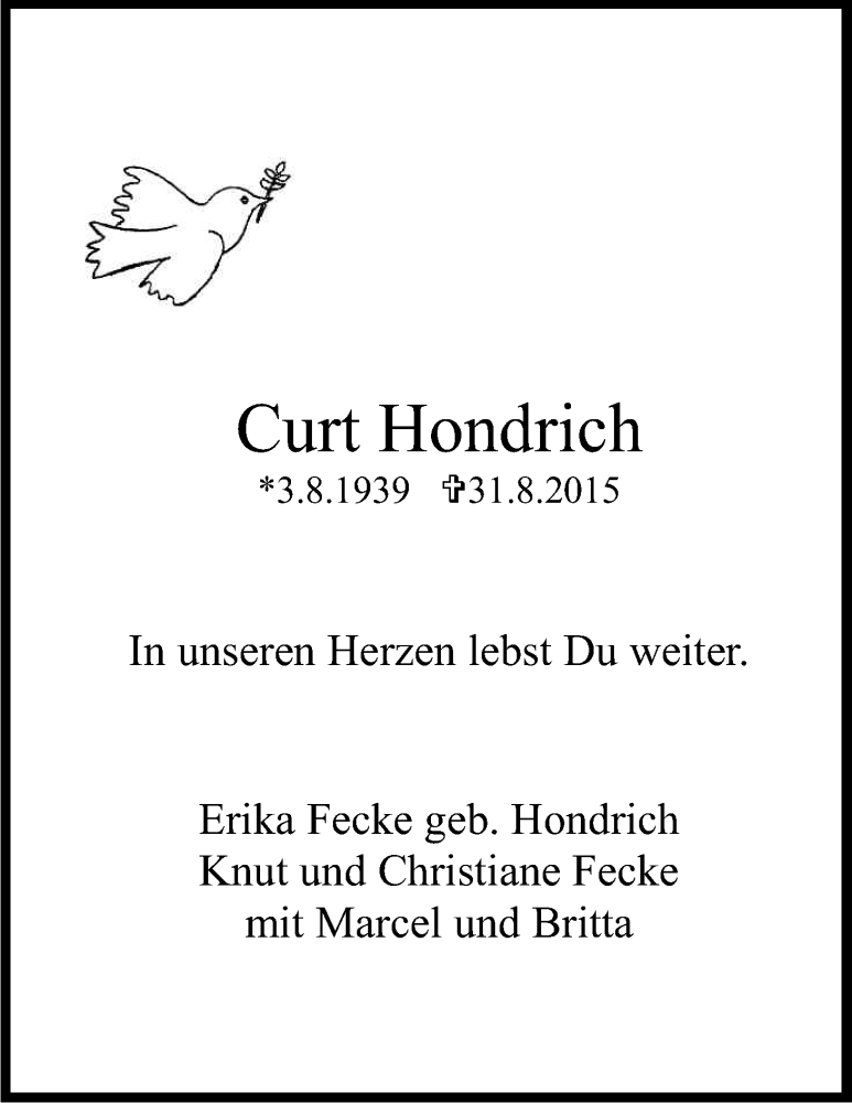  Traueranzeige für Curt Hondrich vom 12.09.2015 aus Kölner Stadt-Anzeiger / Kölnische Rundschau / Express