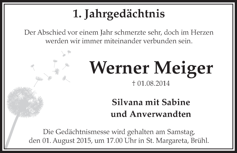  Traueranzeige für Werner Meiger vom 29.07.2015 aus  Schlossbote/Werbekurier 