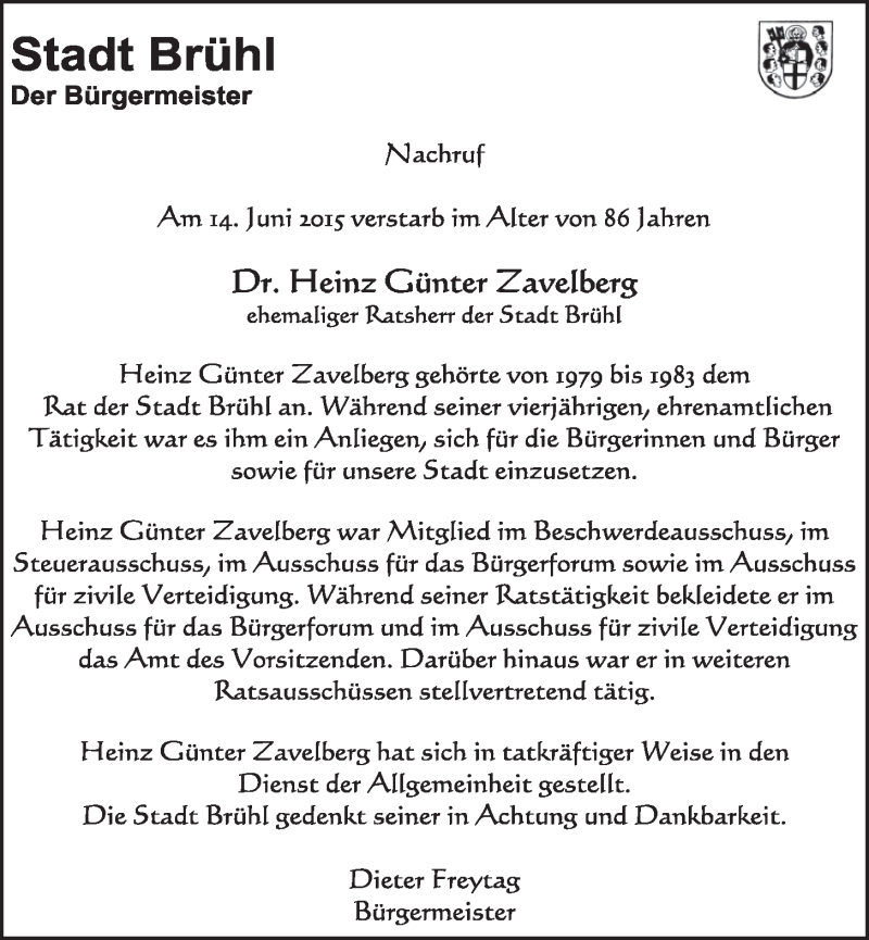  Traueranzeige für Heinz Günter Zavelberg vom 24.06.2015 aus  Schlossbote/Werbekurier 