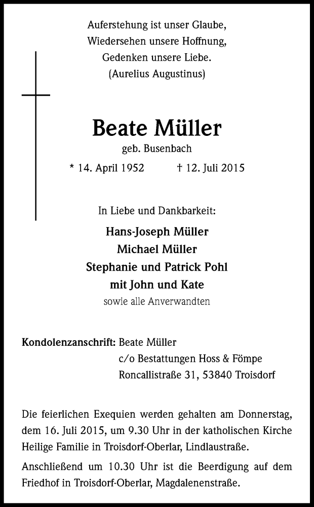  Traueranzeige für Beate Müller vom 15.07.2015 aus Kölner Stadt-Anzeiger / Kölnische Rundschau / Express