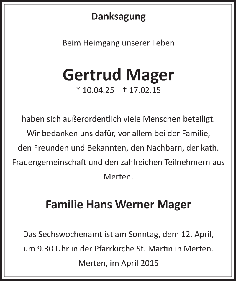  Traueranzeige für Gertrud Mager vom 01.04.2015 aus  Schlossbote/Werbekurier 