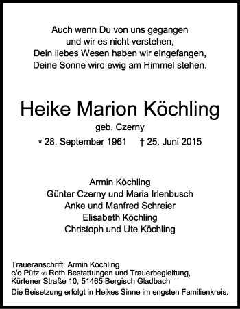 Anzeige von Heike Marion Köchling von Kölner Stadt-Anzeiger / Kölnische Rundschau / Express