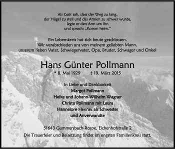Anzeige von Hans Günter Pollmann von Kölner Stadt-Anzeiger / Kölnische Rundschau / Express